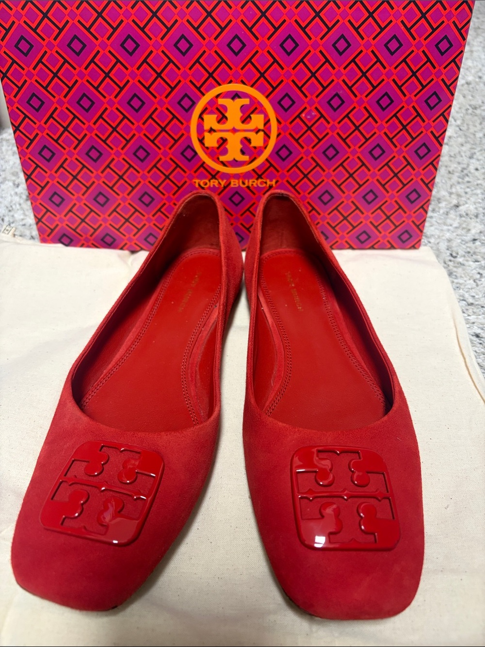 Tory Burch Bright Red Suede Logo Flats
